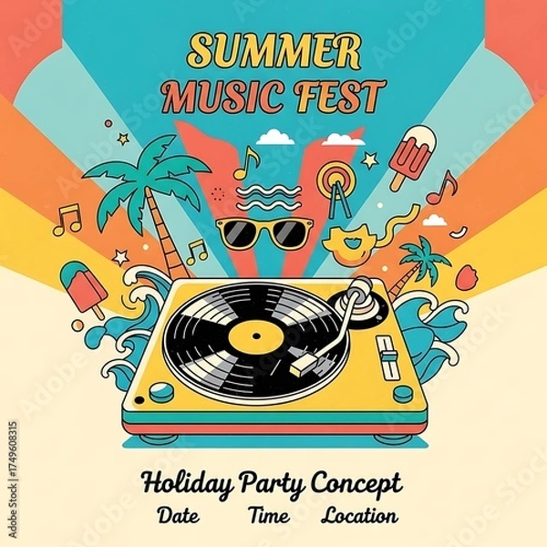 Fototapeta Summer Music Fest - Holiday Party Concept with Retro Vibes.