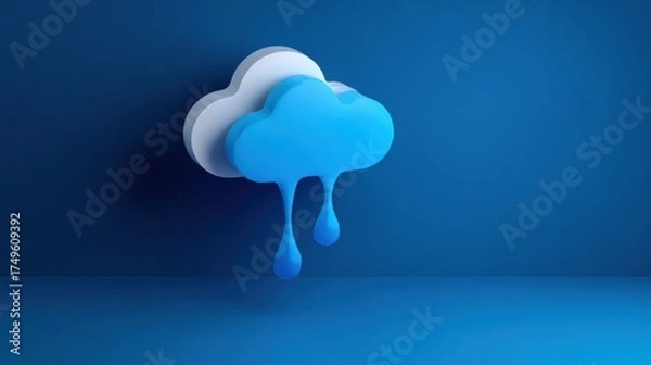 Fototapeta Melting cloud icon dripping like rain, blue liquid drops create surreal weather metaphor, glossy minimalist 3D shape on solid background evoking digital data loss and transformation