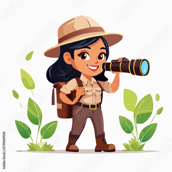 Obraz Cartoon explorer observing nature with binoculars isolated on white