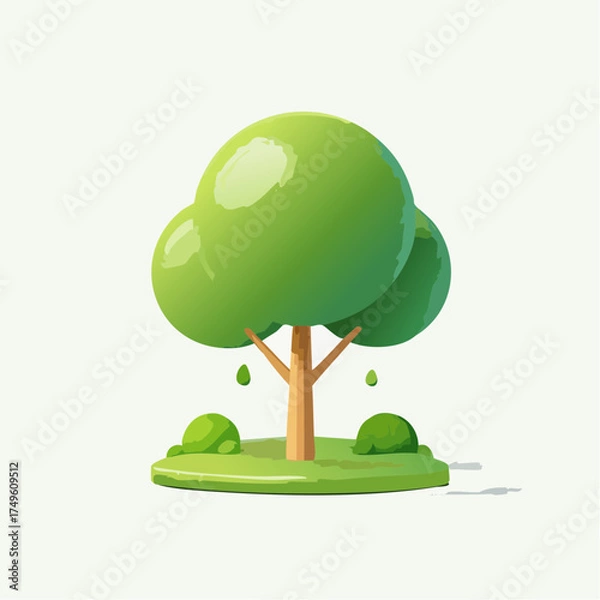 Obraz Cartoon green tree illustration on a small island with green bushes and ground