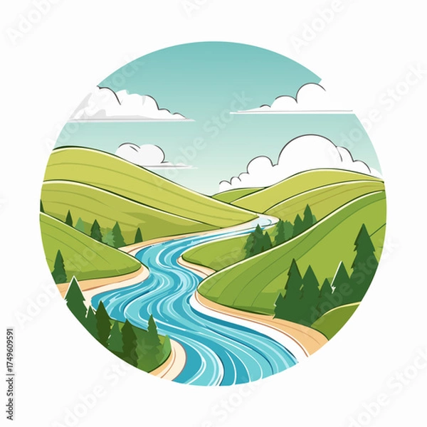 Obraz Cartoon illustration of a landscape with a winding river and green hills