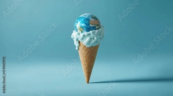 Fototapeta Melting earth scoop on waffle cone with blue cream drip symbolizes climate change and environmental urgency, surreal food concept evoking concern and fragile planet emotion