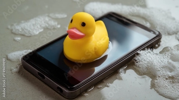 Fototapeta Rubber duck mobile phone screen water bubble bath playful concept image