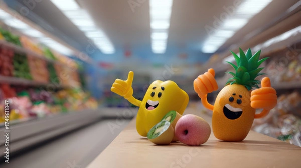 Fototapeta Happy smiling mango and pineapple characters giving thumbs up in colorful grocery aisle with fresh fruit and playful mood