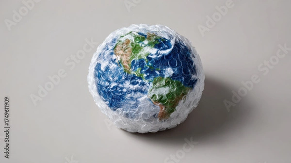 Fototapeta Planet Earth wrapped in protective bubble wrap symbolizing fragility and environmental care, isolated on neutral background conveying concern and hope