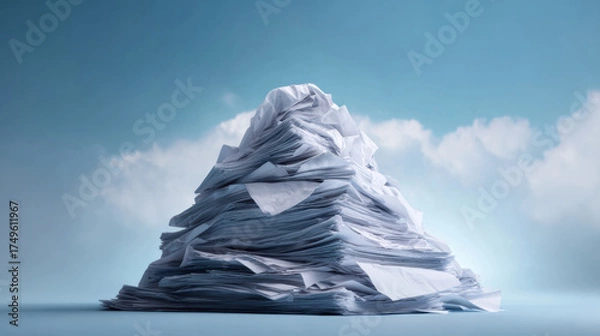 Fototapeta Pile of paper mountain piled documents evoke overwhelm and chaos in office scene with soft sky background emotional tension