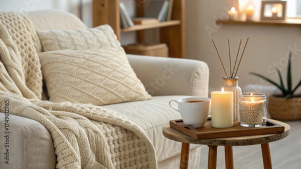 Obraz Cozy home interior with candles, aroma diffuser and knitted blanket