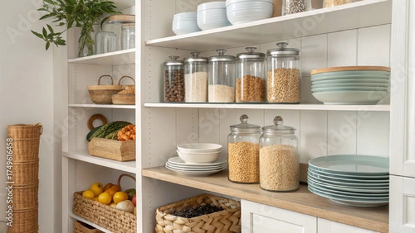 Obraz Pantry organization with food in jars and baskets on shelves in kitchen