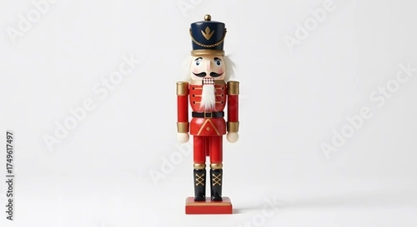 Obraz A classic Nutcracker soldier, a festive Christmas decoration, stands ready. This charming wooden figurine is dressed in a bright red uniform with black boots