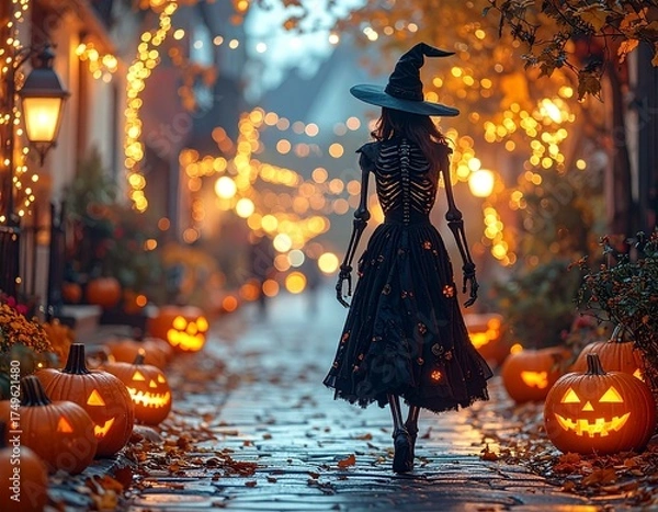 Fototapeta Super realistic and cartoon variations of Halloween skeleton witch illustration with pumpkins, moon, and negative space. AI generated, perfect for posters and commercial use.