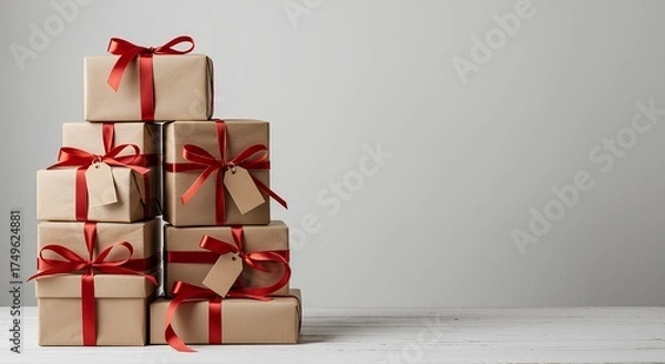 Fototapeta Stacked gift boxes tied with red ribbons on a white wooden surface against a plain grey background