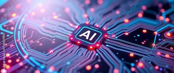 Fototapeta Abstract glowing circuit board with central node depicting AI control, network, icon