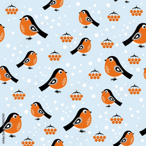 Fototapeta Christmas pattern with bullfinches. Vector illustration