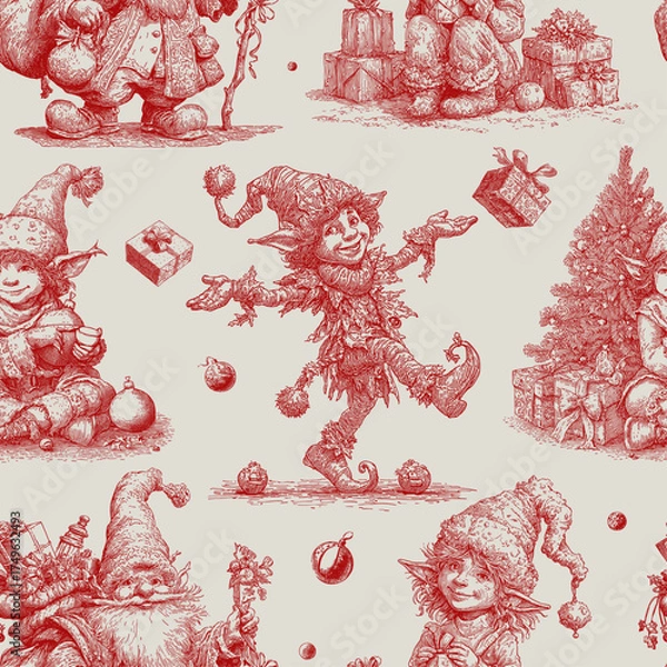 Fototapeta Traditional European Christmas scenes with elves and dwarves. Seamless vector pattern. Vintage engraving or ink drawing style vector illustration.