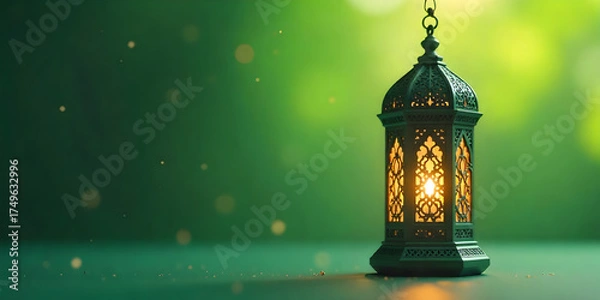 Fototapeta Ramadan Background  Islamic Lanterns Hanging on Branches with Warm Light and Green Background Ramadan or Eid Concept. Green, natural, outdoor Background