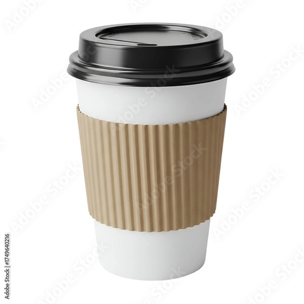 Obraz 3d icon of white disposable coffee cup with black lid and brown sleeve, isolated on transparent background