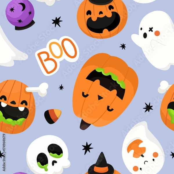 Obraz Seamless Halloween pattern with cute ghosts and pumpkins. Festive background