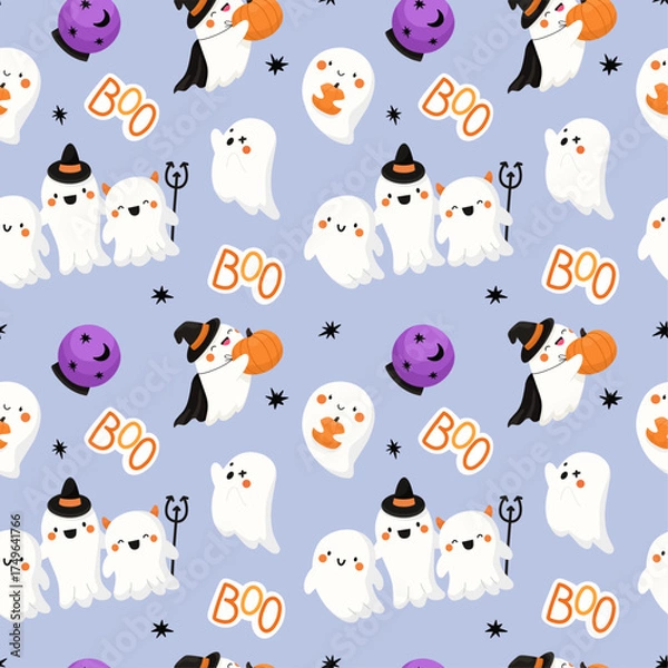 Obraz Seamless Halloween pattern with cute ghosts and pumpkins. Festive background