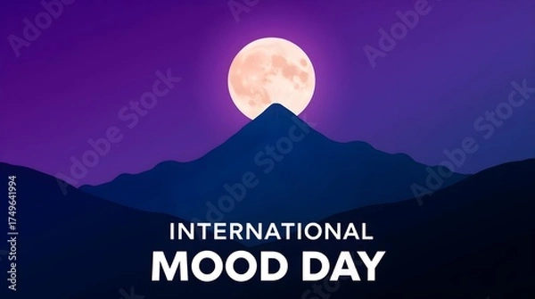 Obraz International Mood Day design with a bright moon over a mountain and a purple and black background,