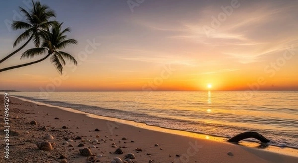 Obraz Tropical beach sunset paradise palm trees ocean waves sand idyllic seascape vacation destination travel