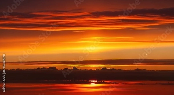 Obraz Fiery sunset sky cloudscape golden hour landscape dramatic orange red clouds nature scenic horizon beautiful
