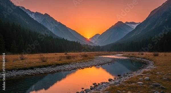 Obraz Sunset mountain river landscape scenic view nature travel destination outdoor adventure golden hour reflection