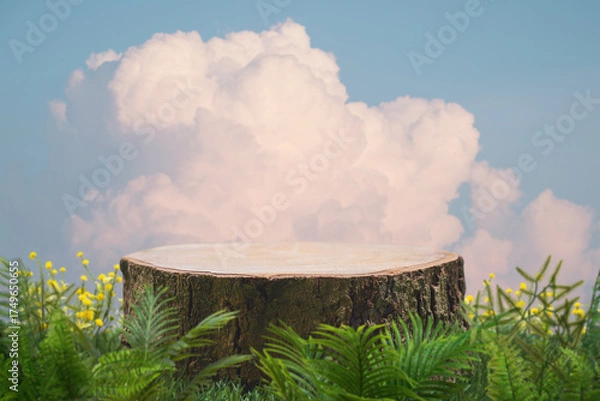 Fototapeta Wood stump podium with green leaves warm white clouds on blue sky nature forest background.Product present natural placement pedestal display,paradise dreamy concept.