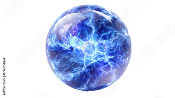 Fototapeta Blue electric energy sphere with lightning plasma discharge glowing power ball electricity light effect isolated on white background