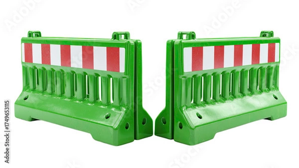 Fototapeta Green plastic road barriers with red and white reflective stripes safety traffic block equipment construction protection isolated on white background