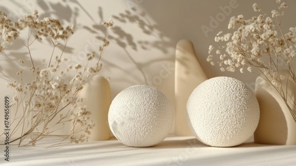 Obraz Minimalist beige spheres, dried flowers, sunlight, calm background; product display