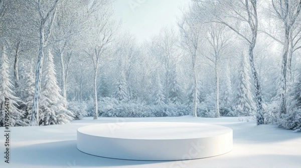 Fototapeta Winter forest scene with a white platform, snowy trees; product display background