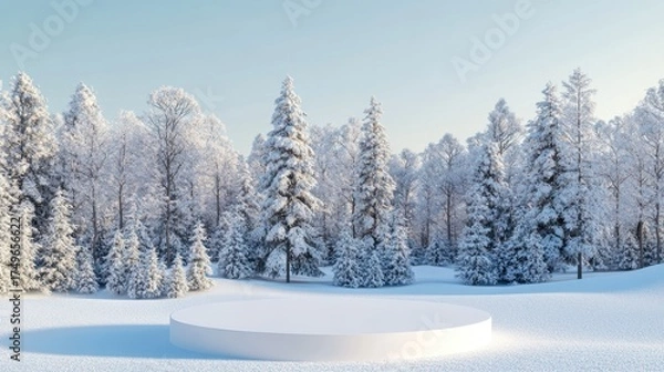 Fototapeta Snowy forest winter scene with platform; product display