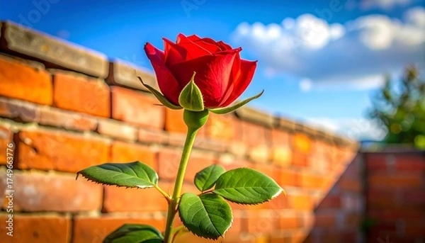 Obraz Red Rose Against Brick Wall.