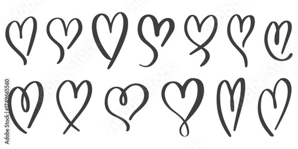 Fototapeta Hearts vector icons. Lovely hand-drawn shapes. Brush stroke cute symbols isolated on white background. Doodle outline symbols. Black scribbles for Valentine Day design. Romantic collection