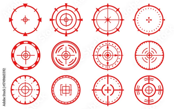 Fototapeta Target vector icons with crosshair for aim. Military red symbols of bullseye on rifle. Circle weapon hud marks on white background. Radar set for camera interface. Vector illustration