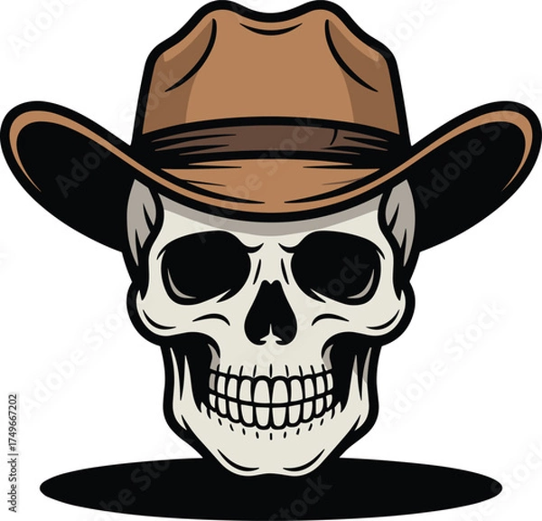 Fototapeta Cowboy Skull Wearing Brown Hat Color Vector Illustration