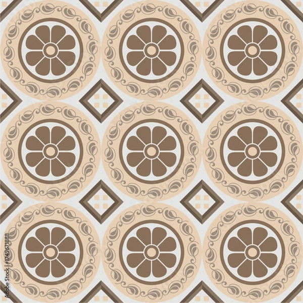 Obraz Elegant vintage floral circle Elegant vintage floral circle tile pattern in warm beige and brown tones, perfect for wall art, floor tile, home décor, and backgrounds....