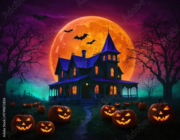 Fototapeta Halloween Castle with Flying Bats and Glowing Pumpkins
