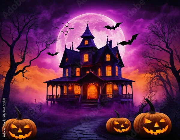 Fototapeta Halloween Castle with Flying Bats and Glowing Pumpkins
