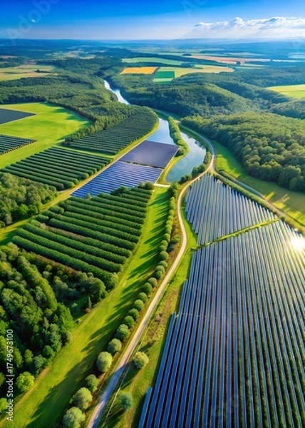 Fototapeta Aerial view of solar panel farm in green field with river and forest under blue sky on a sunny day