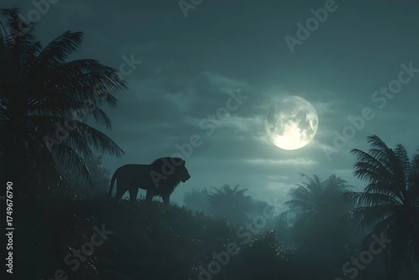 Fototapeta Majestic lion silhouette standing tall beneath a magical full moon in the jungle with palm trees, creating a stunning nocturnal wilderness scene