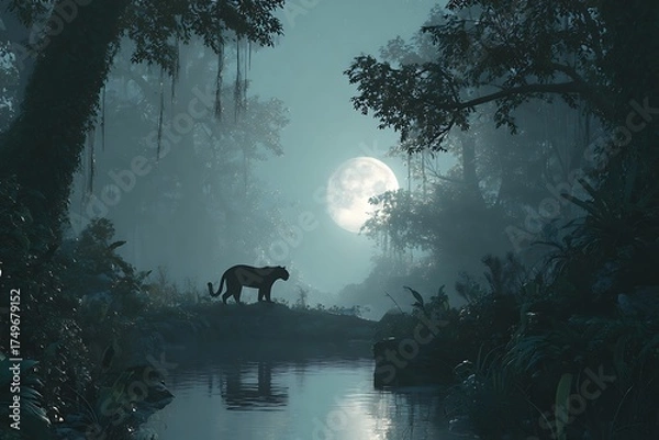 Fototapeta Eerie moonlight illuminates a black panther silhouetted against a misty jungle river, creating a dramatic nature scene for branding and conservation campaigns.