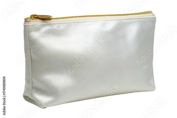 Fototapeta Elegant pearly satin pouch with oversized golden zipper pull, refined textile details and soft fold, isolated on transparent background.
