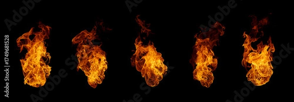 Fototapeta Collection of realistic orange fire flames isolated on black background. Perfect for energy, heat, burning, explosion, danger, or motion design representing strength and passion.