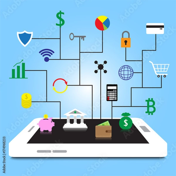 Fototapeta Fintech Colorful Icons On White Smartphone
