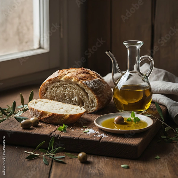 Fototapeta Rustic bread with olive oil and olives on wooden board