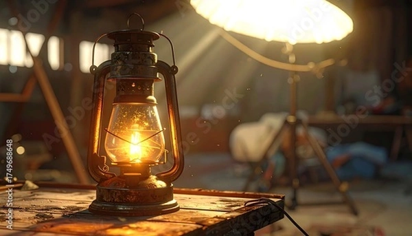 Obraz Vintage Lantern Illuminating a Rustic Setting.