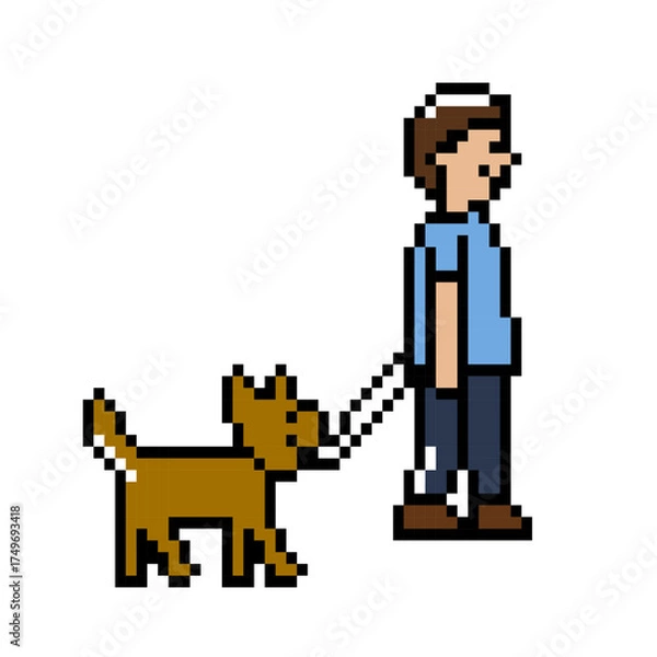 Fototapeta Man Walking Dog Pixel Art