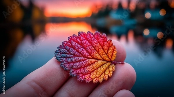 Obraz Hand holding vibrant autumn leaf with sunset lake reflection, macro closeup of textured red-orange foliage against colorful dusk water backdrop
