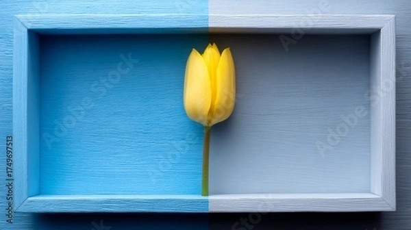 Obraz Yellow Tulip in Two-Tone Blue Textured Wooden Frame - Minimalist Spring Floral Composition for Home Decor and Greeting Card Design